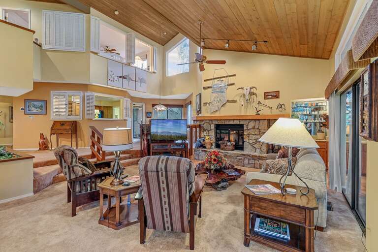 A Roku TV, and a striking stone wood-burning fireplace. A Roku TV, and a striking stone wood-burning fireplace.