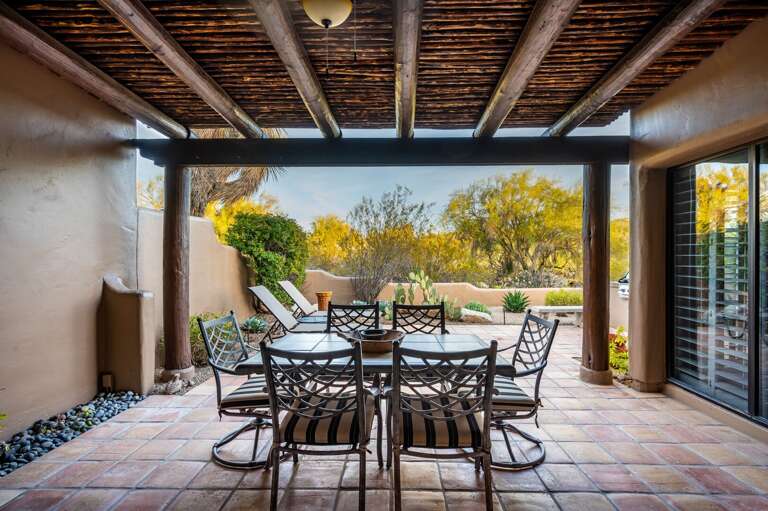 Gather around the 6 person outdoor dining table. Gather around the 6 person outdoor dining table.