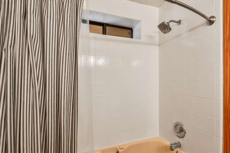 Tub, shower, and toilet, designed for comfort and convenience.