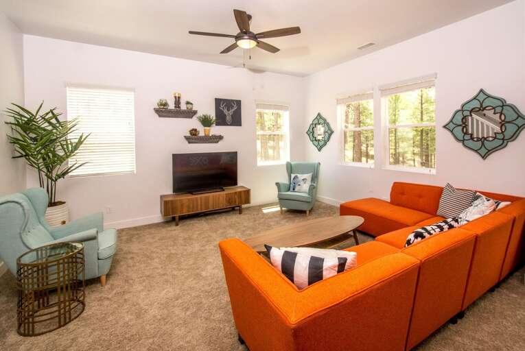 Family-Friendly Entertainment Space: Flat-screen TVs, board and yard games, toys, sleds, high chair and cozy seating for unforgettable group movie nights. Family-Friendly Entertainment Space: Flat-screen TVs, board and yard games, toys, sleds, high chair and cozy seating for unforgettable group movie nights.