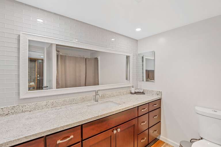 Bathroom: Brand-new shower/tub combo with plenty of counter and cabinet space. Bathroom: Brand-new shower/tub combo with plenty of counter and cabinet space.