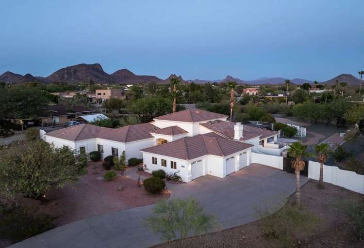 Spectacular aerial perspective of the private 1.27-acre Scottsdale retreat, offering exceptional privacy, space, and desert beauty.