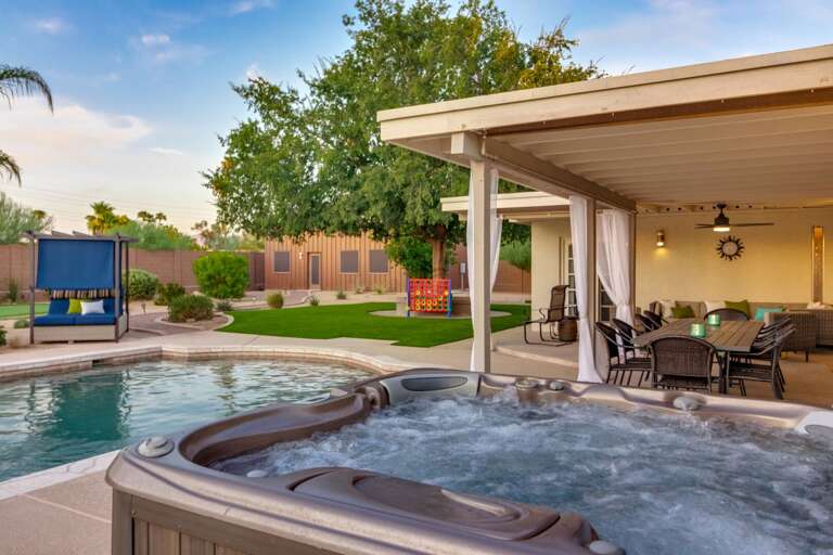 Hot Tub Overlooking Outdoor Dining Area & Pool Hot Tub Overlooking Outdoor Dining Area & Pool