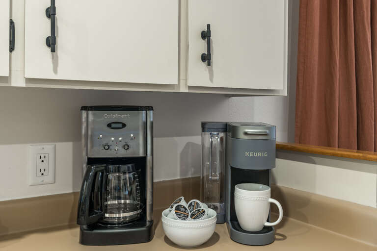 Fully equipped kitchen with stainless appliances, including both a standard coffee maker and a Keurig. Fully equipped kitchen with stainless appliances, including both a standard coffee maker and a Keurig.