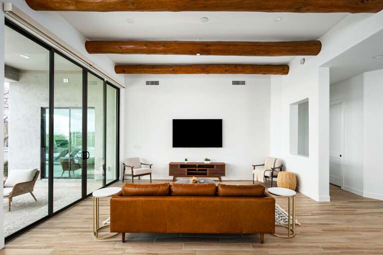 Complimentary colors to the exposed wood beams. Complimentary colors to the exposed wood beams.