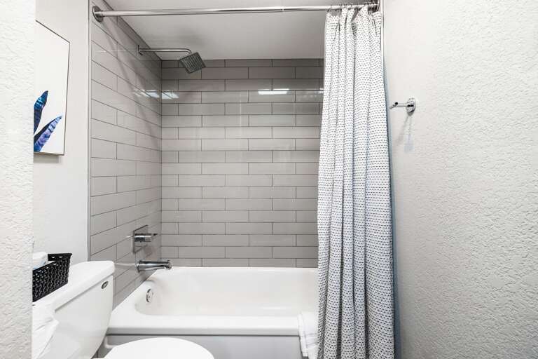 Bathroom features bathtub with rain shower head.