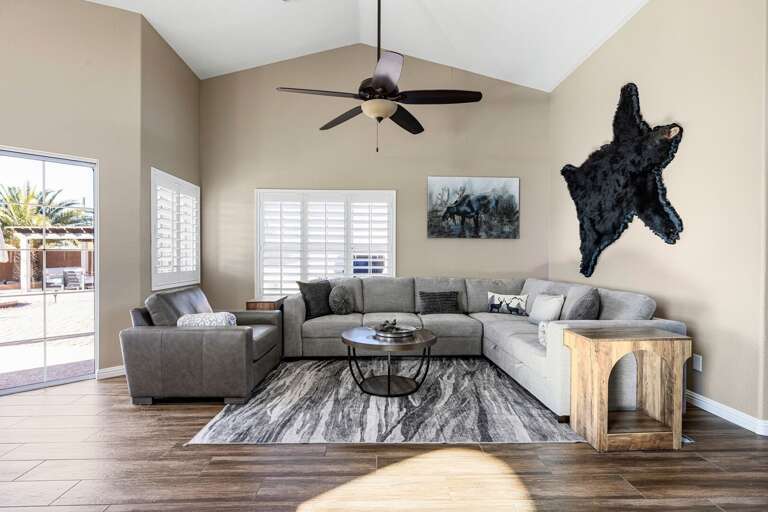 Spacious living room with vaulted ceilings.