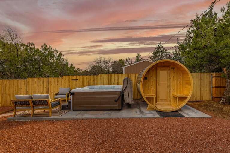 Sunset soaks, sauna sessions, and peaceful evenings, your private backyard retreat awaits.