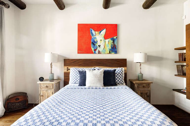 Unwind in this stylish guest room with cozy bedding, Southwestern décor, and thoughtful touches designed for comfort and relaxation.