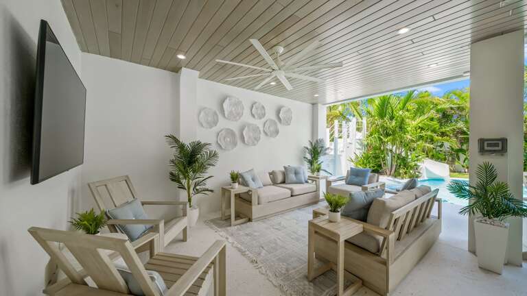 Covered Pool Area - Outdoor Lounge Area - Soft Seating - Large HDTV