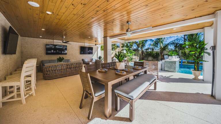 Covered Pool Area - Lounge Area - Outdoor Dining Table - (3) Large HDTV's
