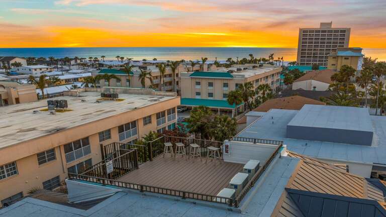 Rooftop View, Sunset Sky, Sea Horizon