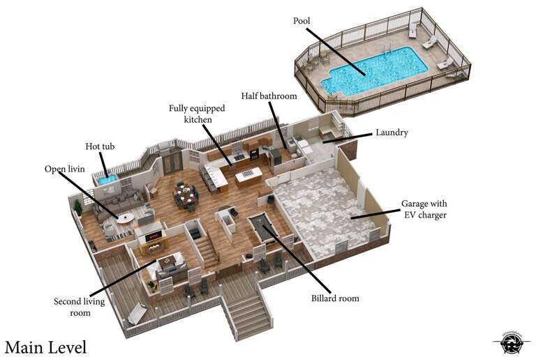 Floor Plan Showcasing Pool, Billiard Room, And Multiple Living Spaces