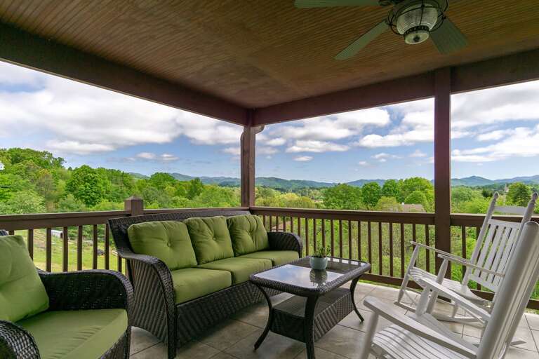 Rocking chairs, mountain views and outdoor ceiling fans give you the quintessential experience of southern porch life. Rocking chairs, mountain views and outdoor ceiling fans give you the quintessential experience of southern porch life.