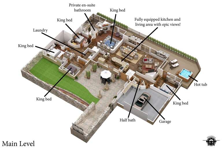 Spacious Vacation Rental Layout Showcasing Multiple King Beds, Private Bathrooms, And Integrated Kitchen-living Area