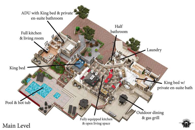 Floor Plan With Labels And Furnishings, Featuring Pools, Patios, And Private Spaces