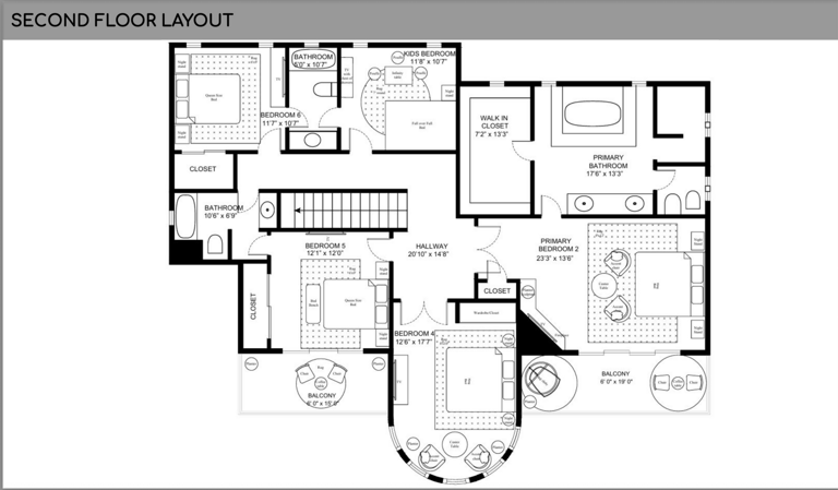 Blueprint With Bedrooms, Bathrooms, Balconies, And Stairway