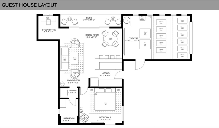 Guest House Layout With Kitchen, Dining Area, Bedroom, Bathroom, Laundry, And Patio