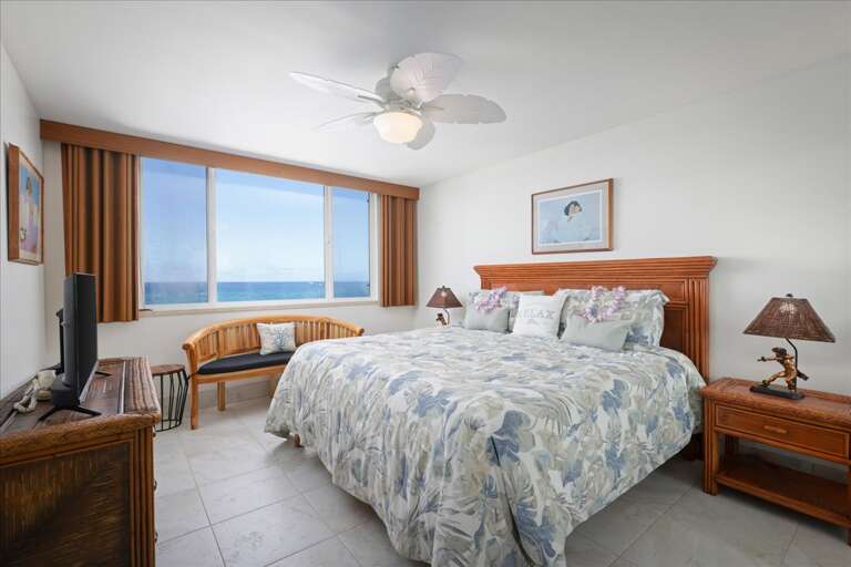 Seaside Sleep Space With Scenic Views, Ceiling Fan Above