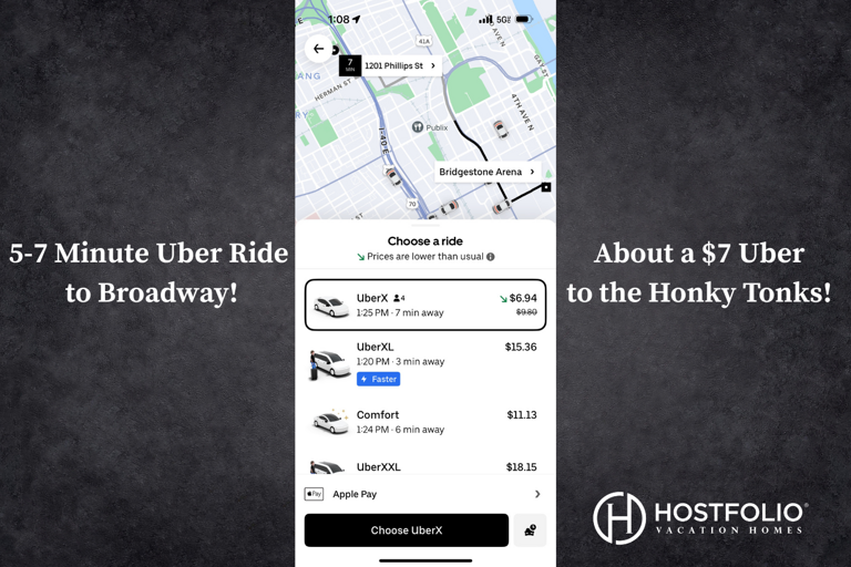 Broadway is a 5-7 minute Uber ride depending on traffic.