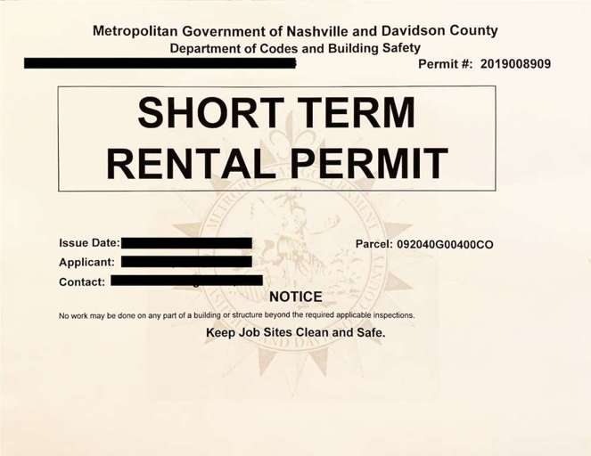 Short-term rental permits are required in Nashville. If your host doesn't have a permit on display, you risk having your stay cancelled by the Nashville codes office.