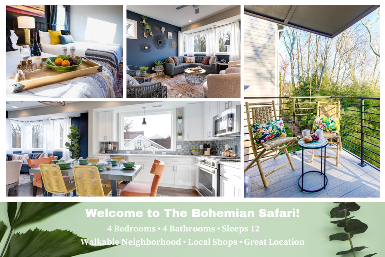 Experience the Bohemian Safari in Nashville's hottest neighborhood! Walkable historic neighborhood perfect for regrouping from all the action. Sleeps 12 comfortably with 4 bedrooms and 4 en su