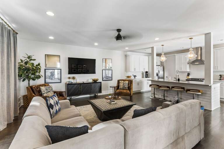 Open concept means you can cook while the rest of the crew watches the game — the kitchen and living room feel like one big space.