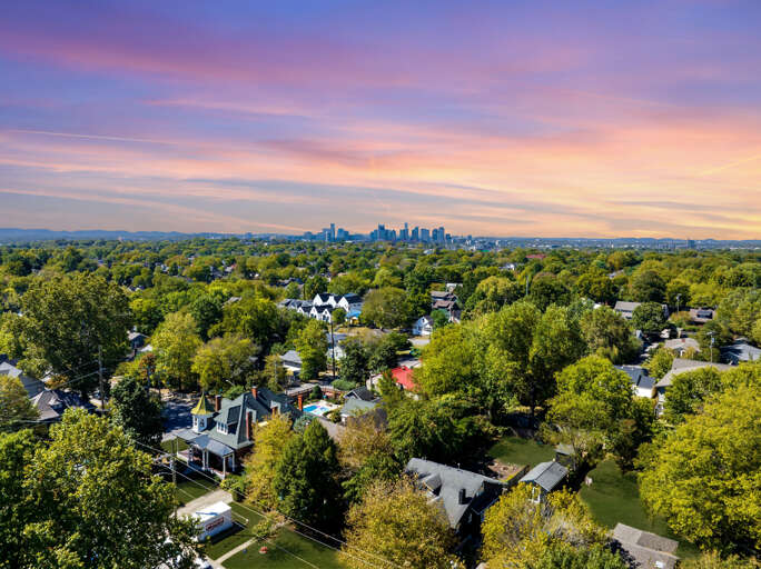 Downtown Nashville as seen from a drone above our house- only 2 mi to the best sights in Music City!