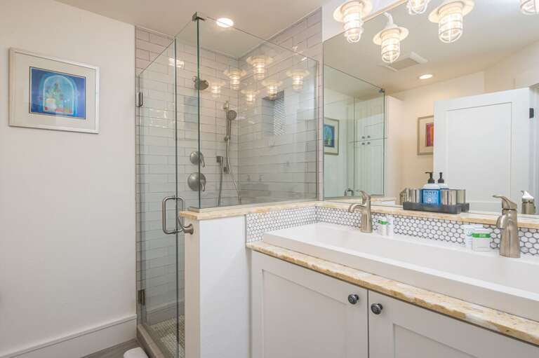 Lower-level dual vanity with walk-in shower