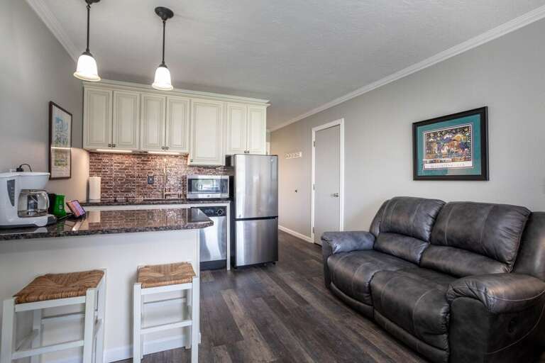 The leather couch is comfy and perfect after a long day in the sunshine! The leather couch is comfy and perfect after a long day in the sunshine!