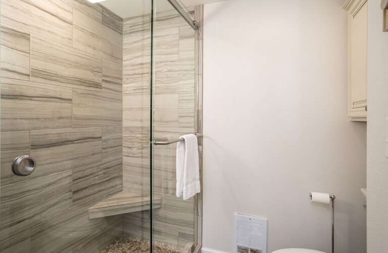 The new, walk-in shower is so luxurious. The new, walk-in shower is so luxurious.