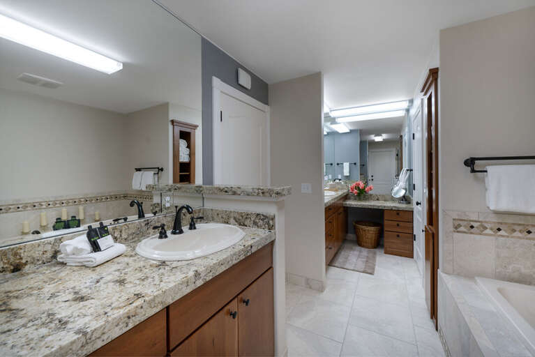 Large primary bathroom has everything you need