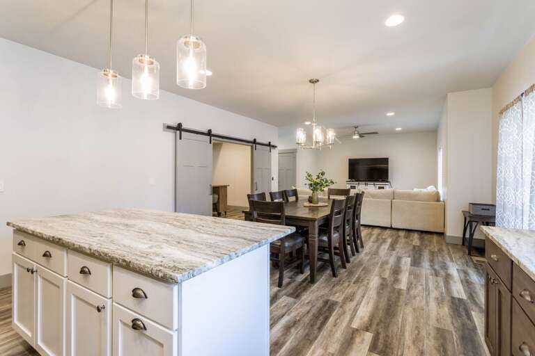 View from kitchen into the dining space. View from kitchen into the dining space.