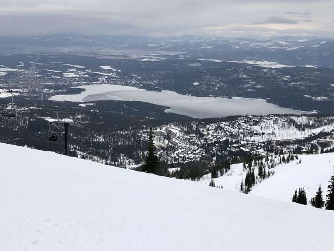 Views of Whitefish Lake in the Winter at the top of Whitefish Mountain Resort "Big Mountain"