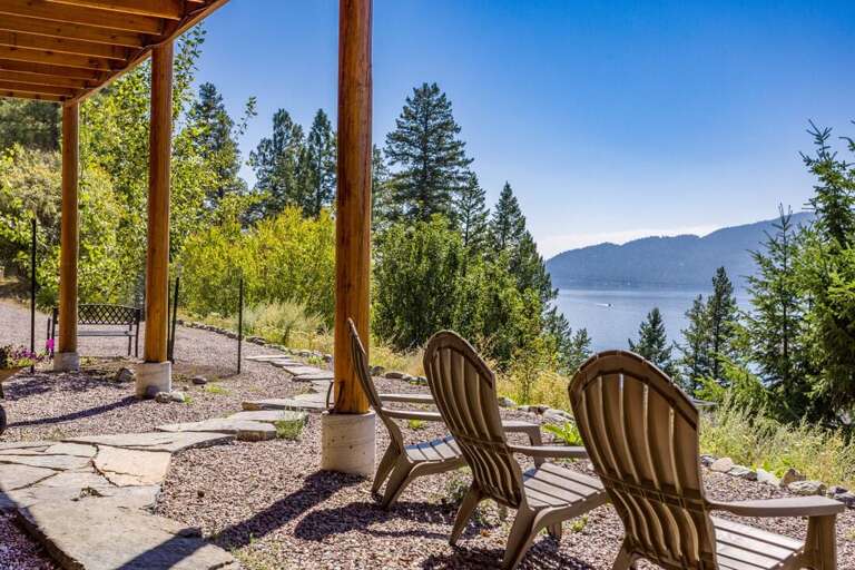 Outdoor seating overlooking the lake on the ground level