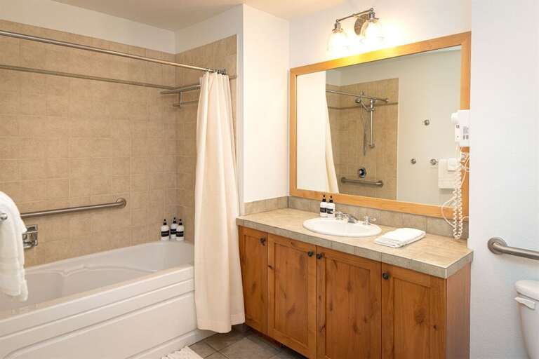 The master bathroom features a shower with oversized bathtub | Main Level