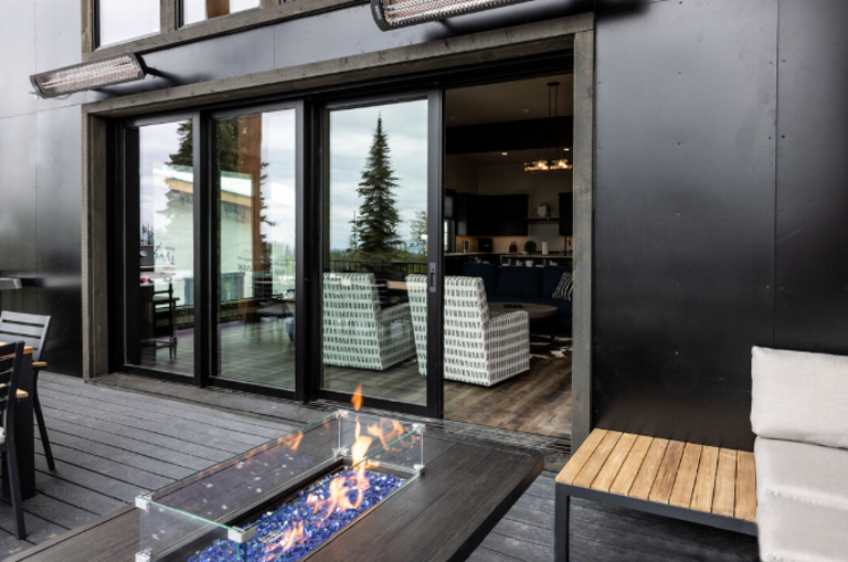 Main deck with BBQ grill, cozy sectional, fire pit, & 8-seat outdoor dining + 2 deck heaters