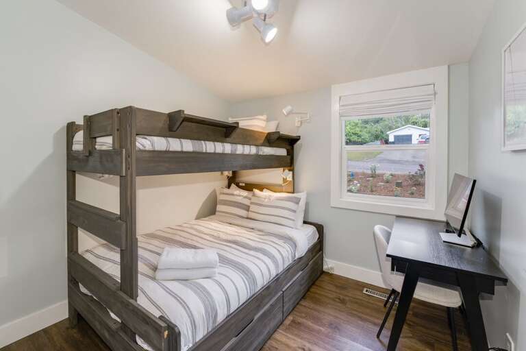 Bedroom 2 (Main Level) Twin over Queen Bunk Bed and desk