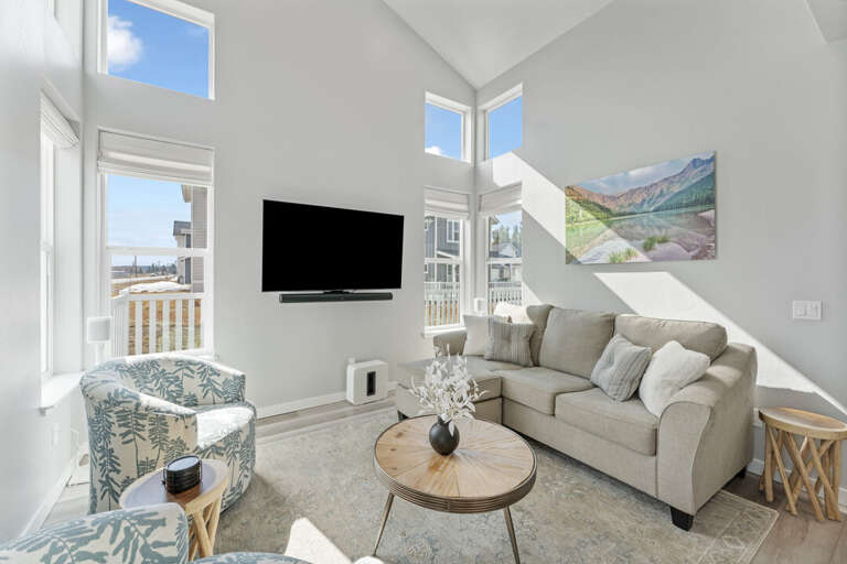 Comfortable full-size sleeper sofa and Samsung 65" OLED Smart TV with 3 Sonos sound bar and Sonos Subwoofer to create great surround sound experience | Main Level Comfortable full-size sleeper sofa and Samsung 65" OLED Smart TV with 3 Sonos sound bar and Sonos Subwoofer to create great surround sound experience | Main Level