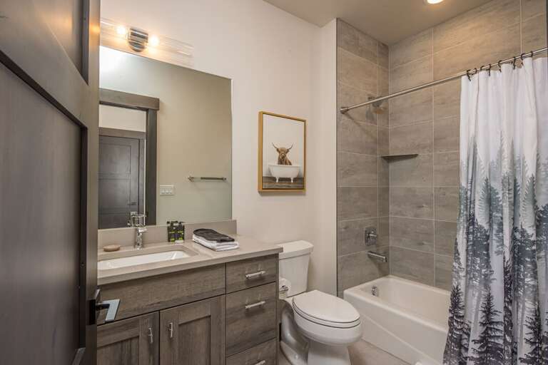 Ensuite bathroom with single vanity and shower/tub combo. | Main Level