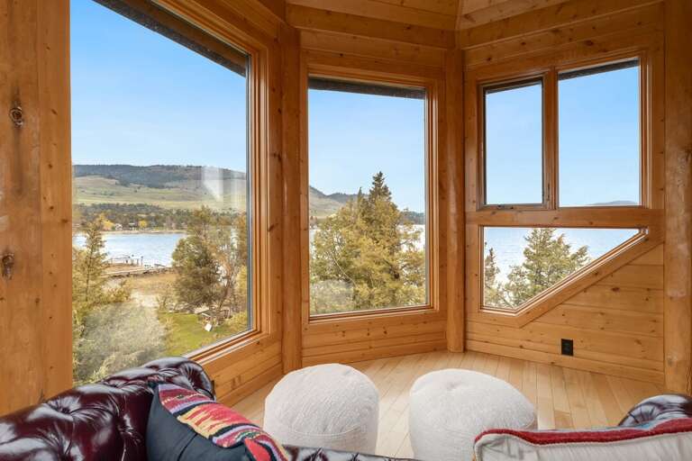 Glistening views of Flathead Lake from the reading nook | Upper Level