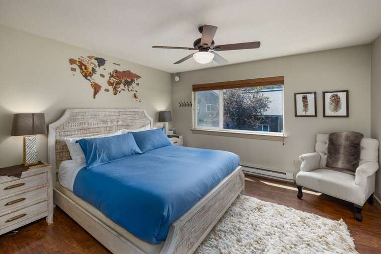 Primary bedroom with King bed | Upper Level