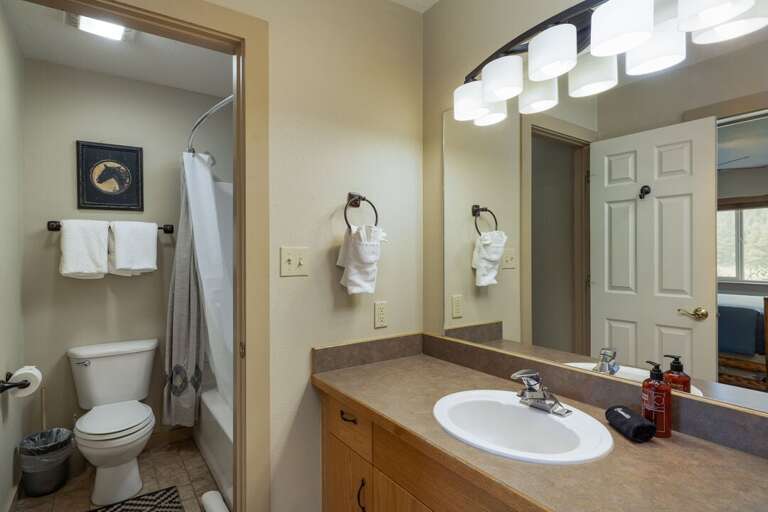 Single Vanity shared with the common area but connected to secondary bedroom | Main Level