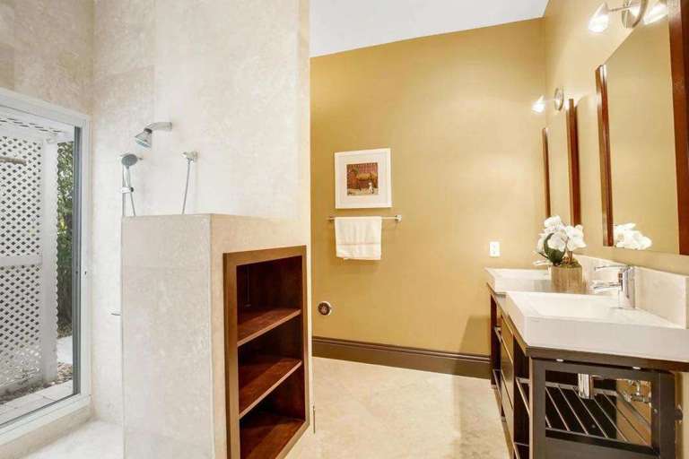 Residential Bathroom Interior With Shower, Sink, And Mirror Residential Bathroom Interior With Shower, Sink, And Mirror