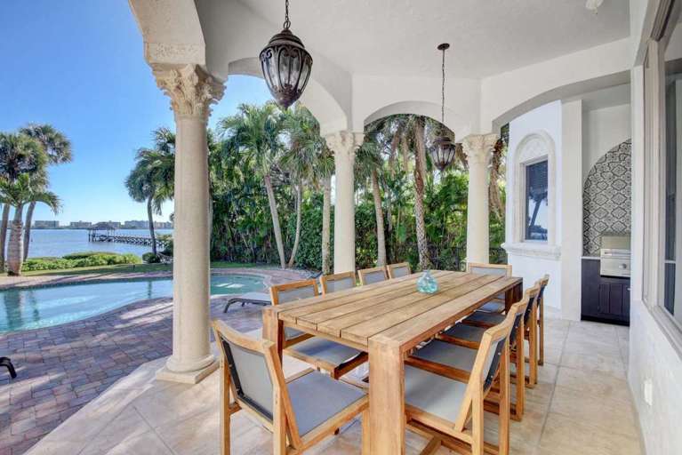 Outdoor Dining Area With Pool And Water View Outdoor Dining Area With Pool And Water View