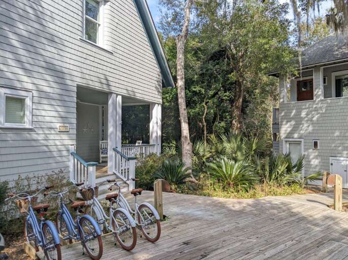 Building Bordering A Bike-laden Boardwalk, Brushed By Breezy Branches