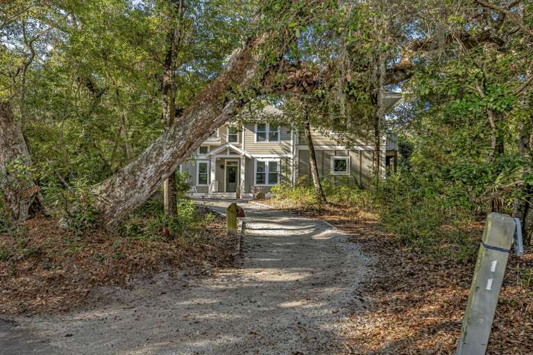 House Surrounded By Trees With A Gravel Path Leading Up To It