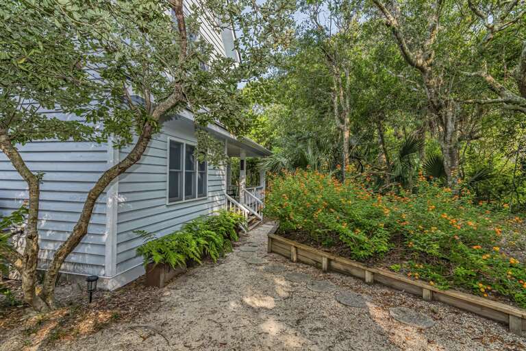 Blue Building Beside A Brimming Bed Of Bushes