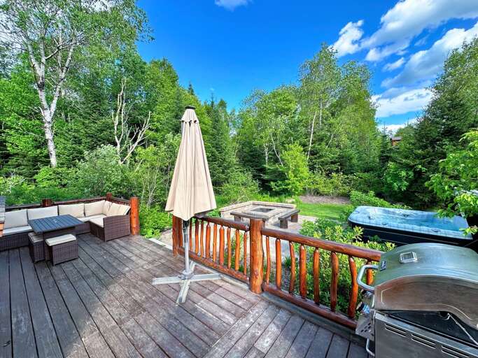 Side of the cabin with sitting area, grill, fire pit and hot tub