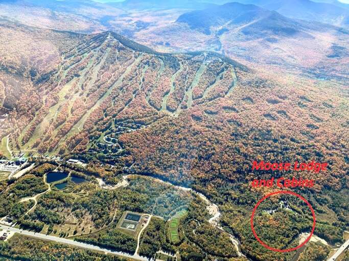 Aerial view of the Moose Lodge and Cabin - so close to the ski trails, yet completely on their own!